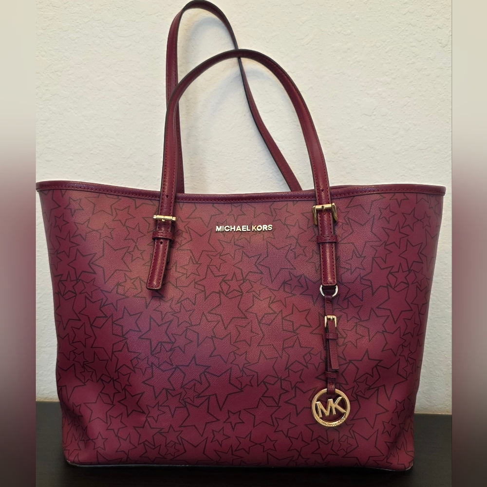 Michael Kors Burgundy Red Stars Large Tote Bag with Gold Accents